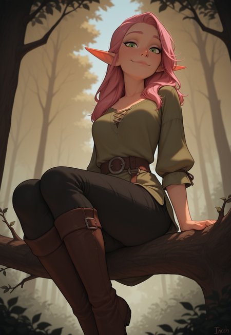 masterpiece, best quality, amazing quality, very aesthetic, DISNEY_ANIMATION, incoth, (incase:0.6), female, solo, (depth of field), medieval setting, forest, day time

elf, pink hair, green eyes, cute face, slender, small breasts, long hair swept to one side, short elf ears, short ears

Green shirt, black pants, leather boots

sitting on branch, looking at viewer, soft smile, view from below