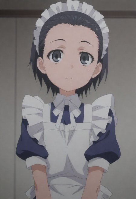 masterpiece, best quality, amazing quality,,, shiny skin,,,,,<lora:Maika Tschimikado:1> ma1ka, black hair, short hair, black eyes, maid headdress, maid, apron,