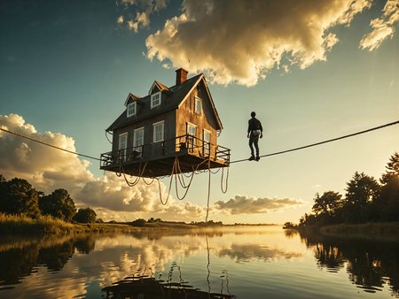 Professional photography. award winning cinematic photo.

Surreal. Muted tones. (A house floating in the sky at the end of a long rope:1.95). (A man walks a tightrope:1.95).

Lens flare.
