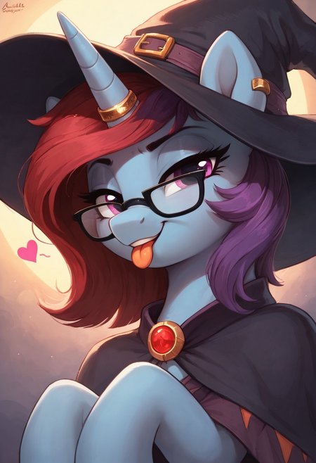 score_9, score_8_up, score_7_up, score_6_up, source_anime, source_pony, feral, beautiful, anatomically accurate, pony, close-up, tongue out, dynamic pose, witch hat, witch outfit,
anthro,mlp,Solo,Female, pony, anthro, unicorn, female,, blue skin, long messy hair, (three toned hair, dark blue, purple hair, red hair,) multicolored hair, floating hearts, horn ring, black framed glasses, purple eyes, feral pony, mlp,looking at viewer, upper body, face focus, face close-up, arms forward, incoming hug, incoming kiss,  suggestive smirk, bedroom eyes,view from below, from below, doggystyle