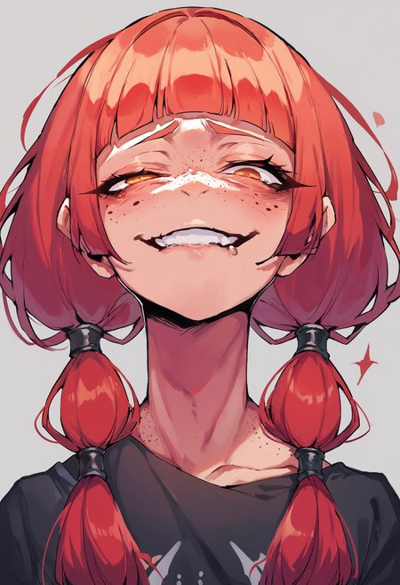 score_9, score_8_up, score_7_up, score_6_up, score_5_up, score_4_up, 1girl, pigtails, red hair, freckles, ginger, blunt bangs, y0tt4, <lora:Smooth Anime Style LoRA XL:0.35>  <lora:y0tt4:.8> <lora:Concept_Gesugao:1> gesugao, parted lips, evil smile, half closed eye,