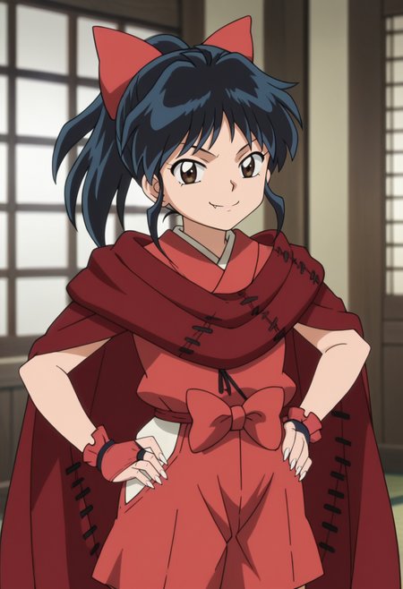source_anime,anime screencap, anime coloring,intricate details,rating_safe, masterpiece, best quality,
(best quality, absurd res, ultra detailed),,(4 finger:0.5),1girl, ((solo)), good eyes,perfect eyes,,detailed eyes, zPDXLxxx , zPDXL3,detailed, detailed face
BREAK
solo,indoors,standing,front view,hands on hips,
moroha, brown eyes, black hair, hair bow, ponytail, japanese clothes, fingerless gloves, toeless legwear, cape, sharp fingernails,
smug,
, <lora:add-detail-xl:2>  <lora:Moroha_Inuyasha_-_Yashahime:0.8>