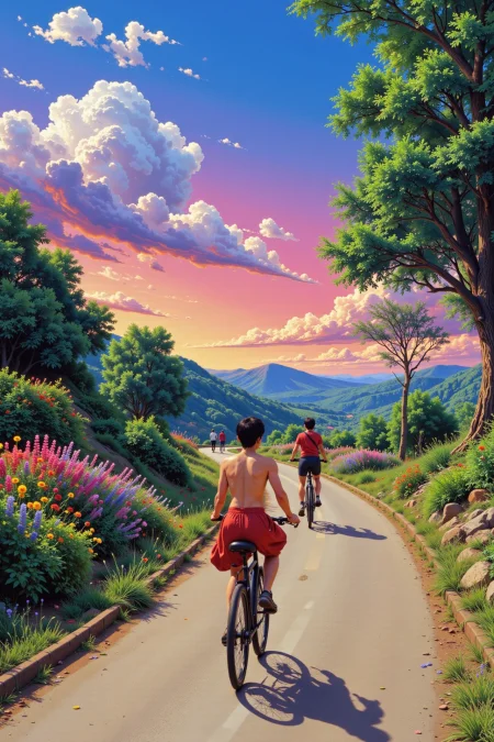 bike race beautiful  landscape, early morning, woman, very intricate, very detailed, sharp, bright, colorful, <lora:Hand v2:0.5> <lora:Anti-Blur:1><lora:Insane Detail Slider:0.25>  <lora:flux.1_lora_flyway_Epic-detail_v2:0.3> <lora:fluxenhancer:0.25> <lora:90s-anime:1> retro anime, 77oussam 90s, studio ghibli style, 1990s anime