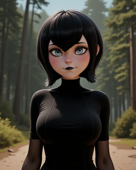 wide shot, looking at viewer, outdoors daylight, 20 year old woman
front view, passport style with upper body and lower waistline 
 <lora:Hotel_Transilvania_-_Mavis_v2-000030:1> ht-mavisa 20 year old adult woman with blue eyes and black hair.
a playful vampire girl with short black bobbed hair and icy blue eyes, wearing a fitted black turtleneck mini dress with short sleeves,