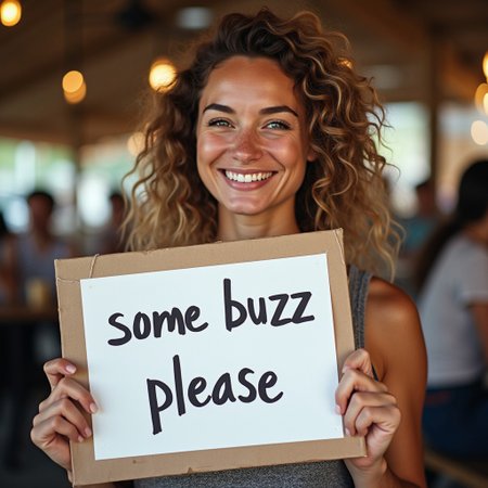 cute woman holding a sign "some buzz please"