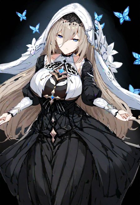 aponia \(honkai impact\), 
(aponia, nun, def clothe), 1girl, breasts, bangs,blue eyes,long hair, hair between eyes, blue butterfly, longsleeves,veil, 
masterpiece, best quality, very aesthetic, absurdres, 1milf, 1adult, solo, full_body, tachi-e,