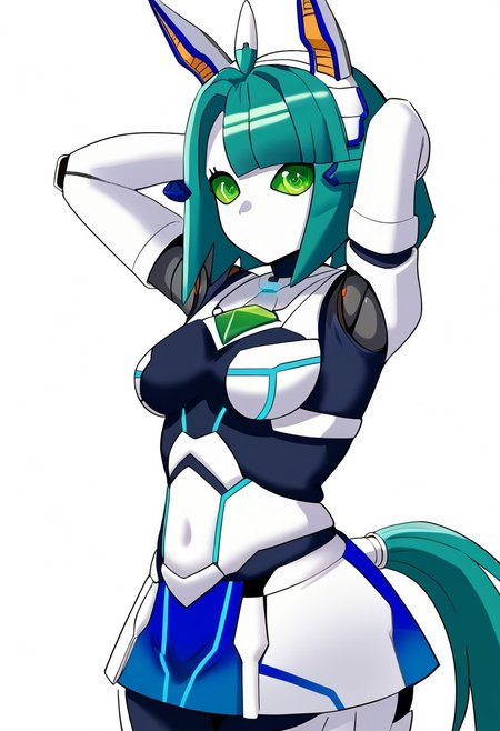 pmg style,<lora:MechaMusumeST2:1>mechamusume, 1girl, green eyes, robot, android, mechanical ears, breasts, animal ears, green hair, blue hair, no mouth, humanoid robot, tail, bangs, robot joints, horse ears standing thick thighs,  looking at viewer,  solo, horse tail,  arms behind head, from side, looking at viewer, simple background,  white background,
