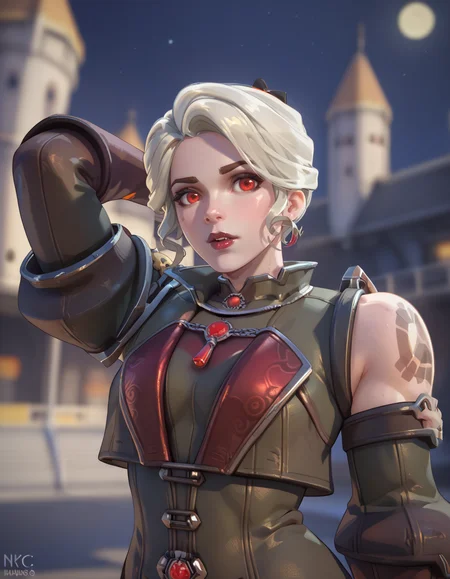 score_9,score_8_up, score_7_up, high-res, 2k, best quality, 2.5d, 1girl,  vampire hunter brig, brigitte (overwatch), short hair, at night, castle   <lora:Vampire_brig_pony-000043:1> Hips up arms out