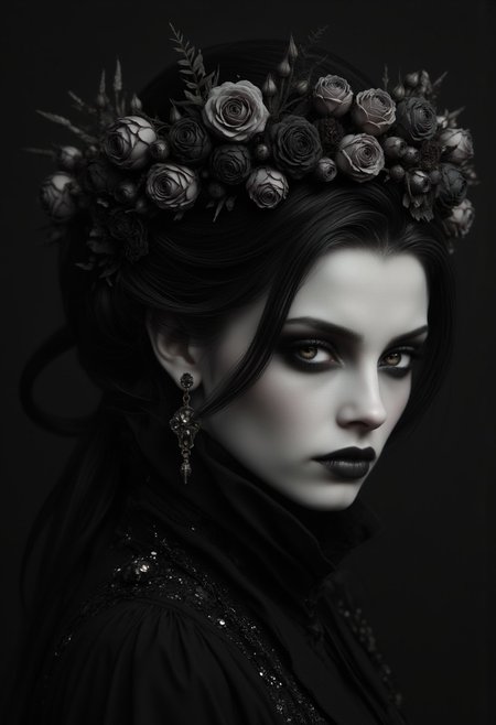 hyperrealistic, highly detailed, digital image of one young english woman looking at viewer, head turned right, close portrait, sultry expression, black hair styled in a messy updo, with loose strands framing her face, large slate-grey eyes, large iris, seductive, heavy eye makeup, black eye shadow, dark matte lips, fragile charming woman, charmful looking, captivating, minimalist, slender frame, delicate collar around neck, detailed, wearing a crown of dead roses and weeds
vantablack,