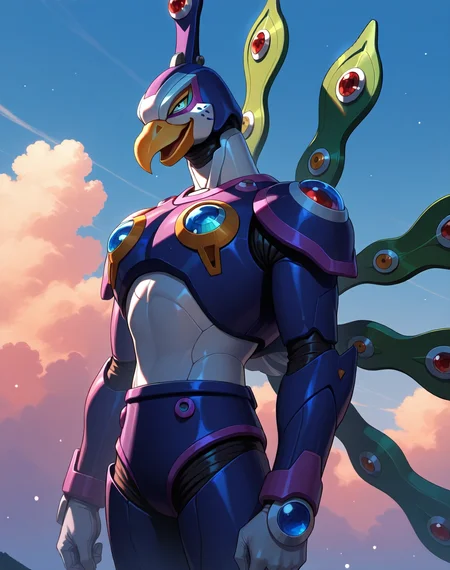 <lora:Cyber_Peacock_(Mega_Man_X)_(Illustrious)_(AD):1> Cyber Peacock, reploid, MMX, 
exterior, blue sky with clouds,
male focus, intense shadows, dynamic shadows, intricate details, attention to details, gradient coloring, bright vivid colors, robot, beak, 
((
sexy smile, half closed eyes, effeminate, narcissist, mid shot, side view, sexy, gay, 
)), 
BREAK very awa, masterpiece, best quality, amazing quality, very aesthetic, highres, absurdres, 
EZRealPONYXL, zPDXL, Smooth Quality, lazynsfw,
