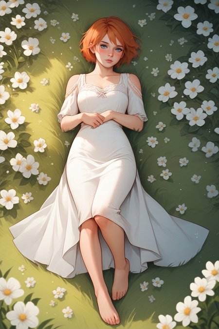 score_9, score_8_up, score_7_up,
<lora:MEASuvi:0.8>
MEASuvi, 1girl, orange hair, blue eyes, short hair, looking at viewer, lying down in a field of white flowers, dress, barefoot, looking at viewer, blushing