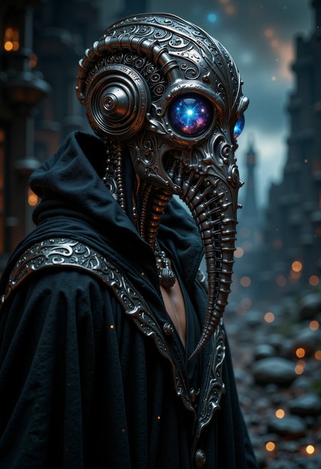 Cinematic, mystic, dreamy scene featuring a close-up portrait of a mysterious thin man,  wearing a deep black, tatered thin flowing robe. The robe partialy open showin a small part of his bare chest. The figure stands in a serene, dream-like landscape behind him a galaxy and a floating castle in a cosmic starry night sky. He is wearing a helmet like a blend of a cephalopod and a mythical being. The helmet, resembling a plague doctor mask, with the peak replaced by an articulated snout, that resemble the bone structure of a spine, with a pointy tip on the end that falls in the man's bare chest. Features a metallic head with two huge large, glowing glass eyes revealing swirling cosmic patterns framed by intricate engravings, casting a mysterious glow. Highly detailed, hyper-realistic, soft lighting. The cosmic galaxy colors contrast deeply with the plain dak black of his robe.<lora:Flux/MysticRealism.safetensors:0.35000000000000003:0.35000000000000003> <lora:Flux/MysticFantasy.safetensors:0.35000000000000003:0.35000000000000003>