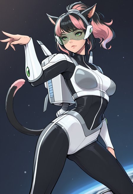 masterpiece, best quality, solo, 1girl <lora:clamchan_illu:1> animal ears, black hair, pink hair, multicolored hair, ponytail, green eyes, slit pupils, freckles, cat tail, <lora:edgFuturisticISLAAAv1:0.9> edgFut, wearing edgFut_outfit, visor, futuristic clothing, jetpack, pose, dynamic pose, space