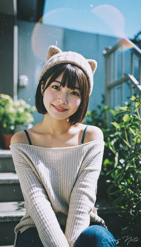 Japanese Culture Style, Emotional Photos, 35mm film, cute Japanese woman, smile, Cat ear knit hat, Off-the-shoulder sweater, Sitting on the stairs
