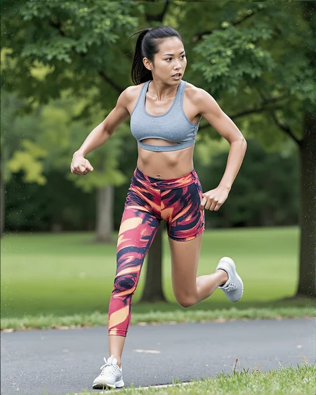 an analogue action photo of a tsserandite <lora:ts_f1d_serandite_20240919_2000:1> Japanese girl exercising in the park, wearing fire <lora:ts_f1d_singleg_20250401_3600:1> s1ngl3g leggings with a wavy geometric design, a plain gray sports bra with a ubcutout cutout right underneath the breasts, and white running shoes. She is looking to the side with an intense expression, and her skin is very sweaty with beads of sweat visible copiously flying off her skin. The photo is framed to show her full body. The film photo has very coarse film grain, slight motion blur, large bokeh, and a narrow depth of field. <lora:flux_sweat_v2:0.6> <lora:ts_f1d_ubcutout_v310_20240905_2303:1>