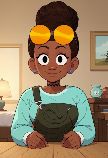 ((bedroom background)),score_9, score_8_up, score_7_up,score_6_up, 
1girl, Solo, JasmineW_Cotc, brown skin, black eyes, dark brown hair, hairstyle in a high bun, yellow sunglasses on head, small blue earrings, black choker, long sleeve aquamarine shirt, nori seaweed green overalls, white sneakers with yellow details, big eyes, tall stature, social smile, perfect eyes, perfect smile, looking at the viewer, big breasts, detailed eyes, perfect eyes, cute, standing, (front view,bust shot,close up to face,face portrait:1)