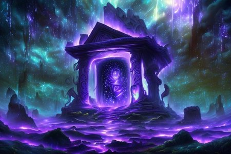 RAW photo, (masterpiece:1.3), subsurface scattering, heavy shadow, (high quality:1.4), (intricate, high detail:1.2), professional photography, HDR, High Dynamic Range, realistic, ultra realistic, photorealistic, high resolution, film photography, ambient lighting, flood of energy, atmospheric effects, GlowingRunes_purple, <lora:detail_slider_v4:2>, OverallDetail, <lora:Portal:1>, cloud, forest, grass, mushroom, nature, outdoors, plant, portal, scenery, starry sky, tree, epiCPhoto