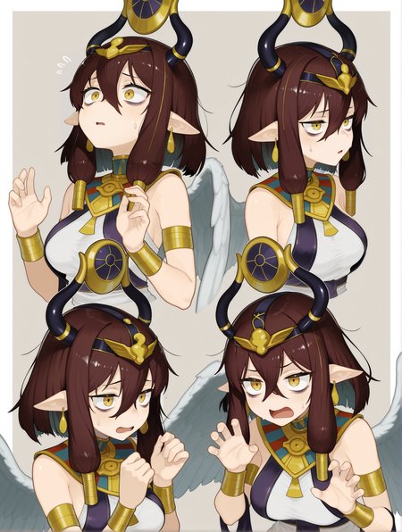 white feather wings, maiden of the millennium moon, 1girl, solo, open mouth, sweatdrop, gold earrings, sanpaku, hands up, upper body, d:, bags under eyes, gold armlet, gold bracelet, gold hair tubes, gold headdress, white egyptian dress, multiple views, white_border, 
masterpiece,best quality,amazing quality,very aesthetic,absurdres,newest,<lora:Maiden of the Moonlight & Millennium Moon illusXL v1.1:0.74>,