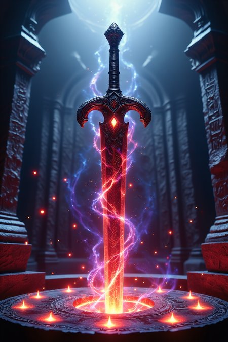 An upward, low-angle view from the ground focuses on a divine sword embedded in a stone altar. The sword's hilt and crossguard are intricately carved with delicate patterns, exuding craftsmanship and ancient elegance. Embedded in the swordâs hilt is a red, malevolent eye that glows ominously, contrasting sharply with the surrounding holy light. Along the blade, mystical runes glisten faintly, radiating an aura of immense power. The stone altar beneath is inscribed with glowing, mysterious symbols, casting a soft light across the scene.
Swirling bands of red and purple magical energy surround the sword, mixed with ancient sealing runes that bind the weaponâs potent, dark energy. The sinister red eye pulses in sync with the magical forces, adding an eerie sense of life. Behind the altar stands a towering monolithic rune-engraved stone slab, further accentuating the mystical and ritualistic atmosphere.
In the background, divine rays of holy light beam down from above, creating a radiant halo around the sword and altar, amplifying the sword's otherworldly and ominous glow. Particles of glowing dust float in the air, shimmering in the holy light. The entire scene is rendered in ultra-high detail, showcasing the smooth textures of the swordâs metal, the rugged stonework of the altar, and the glowing magical energy. Every element is highly contrasted and vibrant, blending holy and sinister energies, with meticulous attention to texture and lighting, creating a surreal, hyper-realistic atmosphere.
<lora:Aura_Flux:0.5>
<lora:Dever_Flux_Enhancer:0.5>
<lora:zavy-drkcnmtc-fxl:0.85> zavy-drkcnmtc
<lora:Fantasy_Weaponry_FLUX:0.85> demonic, crimson red effect, black crystal handle, misty red effect