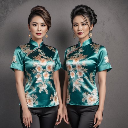 (full body shot) cute two asian middle aged women wearing a Chinese-inspired designs  satin_teeshirt, Mohawk  hair style, hyperdetailed photography,4k textures,intricate details,4k resolution  action scene, ((dark cinematic still))   <lora:satin_teeshirt_v1:0.7>