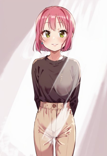score_9, score_8_up, score_7_up,source_anime,(close up:1.3), front view,
 1girl,pink hair, brown eyes,, slender, tsurime, jitome, blush,smile, arms behind back,  parted lips ,simple background,, outdoors, , looking at viewer, earings, looking at viewer,brown long  sleeve shirt, tyontyon, clothed, (pants:1.1) , gray pants <lora:tyontyon-02:1.2>