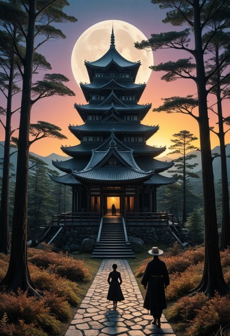 anime art, a breathtaking ultra-HD anime-style illustration of a electro_style, cowboy, masterpiece, best quality, newest, absurdres, highres, by an ancient japanese edo castle made out of fractangles, sunset, ink artwork, sharp color, fractangle sakura trees in the background, moon in background. The atmosphere is tranquil yet powerful, evoking a sense of nostalgia and wonder. Highly detailed character, precise silhouette, cinematic lighting, ultra-realistic textures, dreamy and immersive composition, masterpiece. sharp, ultra hd, 8k, 4k, artstation, (Fractangles), movie poster