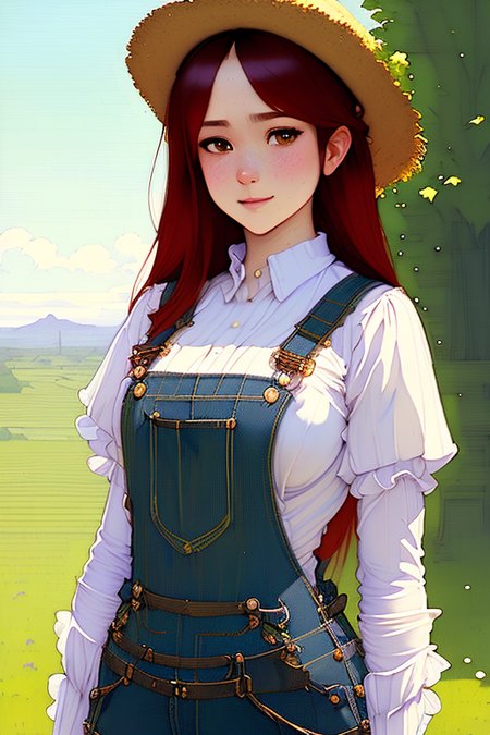 a painting of a  farmer wearing overalls,  red hair, straw hat  evocative pose , Feminine , Detailed Pupils , smirk , Look at Viewer , Intricate , High Detail , sharp, art by onche_ondulay