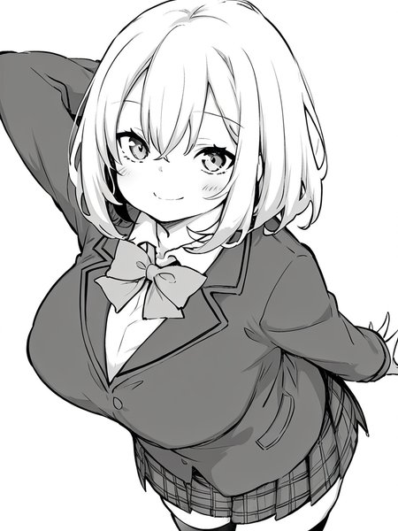 score_9, score_8_up, score_7_up,  
1girl, monochrome, yumeka ai, medium hair, large breasts, white hair,

standing, arm behind head, smile, closed mouth, looking at viewer, school uniform, blazer, bowtie, plaid skirt, thighhighs, white background, solo,