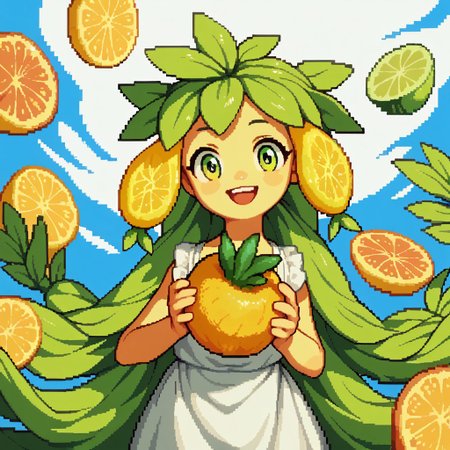score_9, score_8_up, score_7_up BREAK Pixelstyle1, pineapple monster, big lemon eyes, fruit creature, solo, solo focus, smiling at viewer, cute, open mouth, smile,