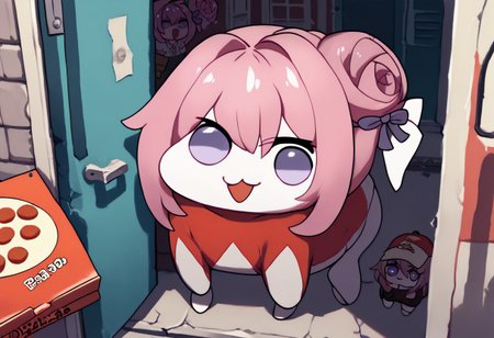 zPDXL2, score_9_up, score_8_up, score_7_up, (Anime_source), high detail face, best quality, absurd res, multiple girls, pizza box, pov, pizza delivery, doros, creatures, :3, open mouth, chibi, size differences, pink hair, purple eyes, hair bun, hair bow, no humans, white skin, solid circle eyes, no pupils, 
Standing, looking at viewer,