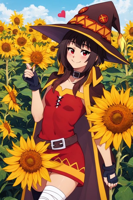 score_9, score_8_up, score_8, medium breasts, (curvy), cute, eyelashes,       BREAK, , BREAK, <lora:konosuba-megumin-s2-ponyxl-lora-nochekaiser:0.7>, megumin, short hair, black hair, red eyes, short hair with long locks, thighhighs, gloves, hat, dress, black gloves, belt, black thighhighs, fingerless gloves, cape, collar, witch hat, bandages, red dress, single thighhigh, asymmetrical legwear, bandaged leg,, zzSunflower, upper body, outdoors, hand up, portrait, one eye covered, yellow flower, holding flower, <lora:Sunflower_PDXL_v2:0.8>, , BREAK,  smile, looking at viewer, cowboy shot,  embedding:zPDXL, Expressiveh, <lora:SDXLFaeTastic2400:0.5>,  <lora:Expressive_H-000001:0.4>,