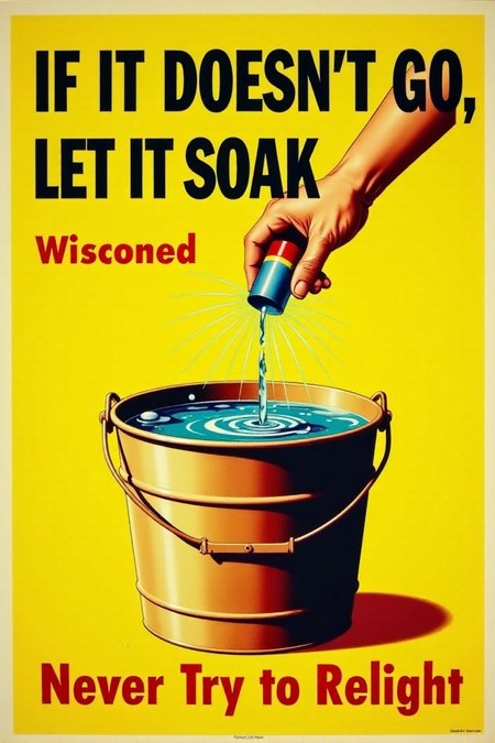 A vintage poster with a simple, direct message. It shows a hand dropping a malfunctioning firework into a bucket filled with water. Bold, black text on a bright yellow background emphatically states: "IF IT DOESN'T GO, LET IT SOAK! Never Try to Relight." Focus on the definitive action for dealing with duds.  <lora:REMEs_War_Poster_Style:0.95> In REME's War Poster Style,âââ