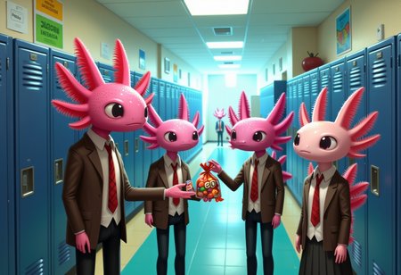 broken age of, A group of axolotls dressed in school uniforms are gathered around a locker in a high school hallway, passing around a bag of candy theyâve stolen from the teacherâs desk The hallway is brightly lit, with rows of lockers, motivational posters on the walls, and the distant sound of a bell signaling the start of class The axolotlsâ uniforms are slightly disheveled, with ties askew and shirts untucked, giving them a rebellious air Their expressions range from giddy excitement to nervous glances as they share the spoils, the candy wrappers crinkling loudly in the otherwise empty hallway, the axolotl has pink frilly gills and pink skin