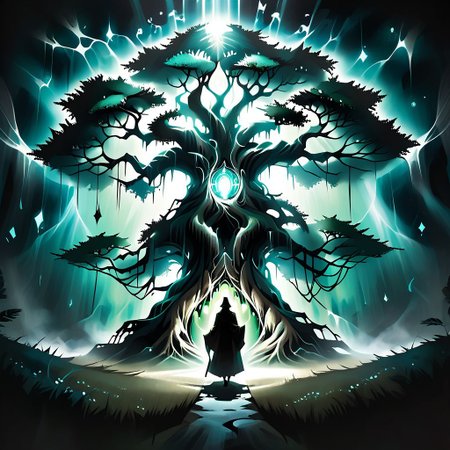 <lora:Portals and Gateways:1>, <lora:Nature Magic - Grimoire:1>, ((magic portal)), glow gateways, big tree, gigantic glow portal, Nature Magic, naturemagic, fantasy, magical energy, a giant tree with spreading branches in the hollow of which there is a luminous portal where monks walking the line enter,(line of ghosts monks), ((ghosts of Buddhist monks walk in line into the tree)), 
graphic style of novel comics,dark novel style, comic, 2d, 8k, hyperrealism, masterpiece, high resolution, best quality, ultra-detailed, super realistic, Hyperrealistic art, high-quality, ultra high res, highest detailed, lot of details, Extremely high-resolution details, incredibly lifelike, colourful, soft cinematic light,