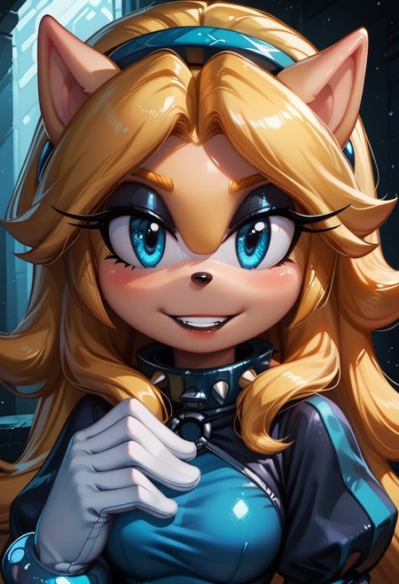 score_9, score_8_up, score_7_up, score_6_up, g0thicPXL, 1girl, 1girl, solo, goth girl, maria_robotnik, sonic_(series), hedgehog_girl, eyeliner, eyeshadow, blue eyes, long blond hair, hairband, black lips, seductive smile, pretty face, spiked collar, white_gloves, blue dress, puffy sleeves, medium skirt, shoes, blue foot wear, sexy pose, smile, grin, cute, sexy pose, lewd expression, wide hips, medium breasts, standing, biting one of her nails.
