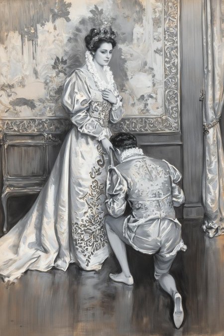 howardchandlerchristy1 illustration.
A man and a woman in elaborate historical costumes. On the left is a tall woman, her hair styled in an updo, wearing a long, ornate gown, with one hand on her chest. On the right is a man, his back to the viewer, kneeling before the woman and holding her hand. The background is a richly decorated palace interior with a large tapestry and an ornate chair. <lora:howardchandlerchristy1_d8a4e11:1.0><lora:865840936565925968:0>