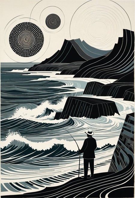 A fisherman standing on a rugged shore, his body realistically painted, but the waves behind him are swirling circles and abstract forms, structured graphic abstraction, narrative linocut aesthetic, geometric pattern play, mid-century illustration meets formalist precision, stylized architecture with abstract geometry, flattened perspective, optical tension, modernist printmaking, rhythmic line and form, monochrome and muted palettes, abstract spatial illusion, illustrative charm with non-objective depth, decorative modernism, visual balance of form and story, textural shape layering