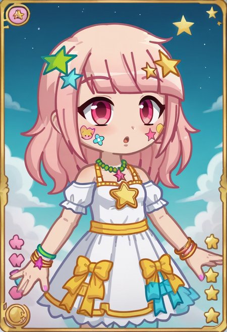 score_9, score_8_up, score_7_up, ARITSA, ARITSAGacha, Gacha, girl, pink hair, hair ornament, star hair ornament, star (symbol),shirt, pink eyes, stickers on cheeks, green necklace, bangs,  colored , colored bracelet,  a card, intricate detailed tarot card illustration, tarot card, tarot card "the word", card header, 1girl, goddess, white dress, floating in the sky, ((infinity symbol background)), infinity symbol, ouroboros symbol, cinematic lighting, dramatic shadows, vivid colors, rich color palette, surreal tarot card, mystical landscape, shimmering details, ornate patterns
Hide
