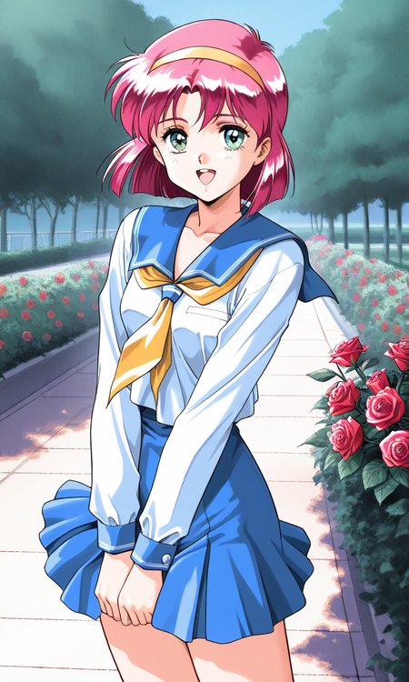 masterpiece, best quality, good quality, <lora:AiShimai_Futari_no_Kajitsu_IS:1> Kitazawa_Tomoko, 1girl, pink hair, Yellow hairband, small breasts, short hair,
serafuku, school uniform, 1girl
1990s (style), happy, v arms,
 cowboy_Shot, looking at viewer,
outdoor, flower, rose,