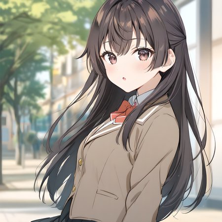 suou_yuki, brown hair, brown eyes, long hair, solo, 1girl, medium breasts, school uniform, skirt, jacket, :O, parted lips, looking at viewer, school background, <lora:XL-SuouYuki:1>