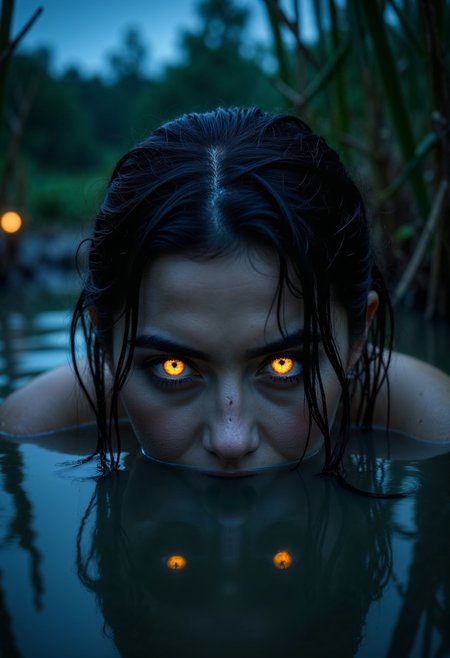 a close-up of a woman's face partially submerged in water. Her skin is pale, and her wet, dark hair clings to her face, adding a dramatic effect. The most striking feature is her glowing yellow eyes, which stand out against the dimly lit background. The water reflects her face, creating a mirror-like effect. The setting appears to be a natural body of water, with reeds and a faint light source visible in the background, suggesting a nighttime scene. The overall mood is mysterious and slightly eerie, enhanced by the dark color palette and the intense gaze of the subject.