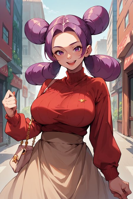 score_9, score_8_up, score_7_up, score_6_up, source_anime, 1girl, solo  <lora:pkmnfantina-pdxl-nvwls-v1-000006:1> fantina, purple hair, double bun, low twintails, large breasts, red sweater, long sleeves, beige skirt, holding handbag, city, looking at you, happy