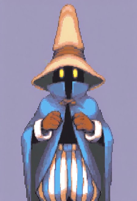 masterpiece, best quality, solo, looking at viewer, 1boy, <lora:Ace-Attorney-Portraits-illus_Fp:1>, portrait, upper body, pixel art, simple background, <lora:Ziggy-illus_Fp:1>, ziggy, yellow eyes, shaded face, faceless, no mouth, wizard hat, striped pants, cloak, robe, gloves, puffy pants,