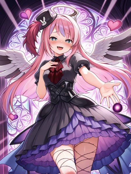 angel,ghostrick angel of mischief,1girl,solo,stitched heart,blush,open mouth,smile,heart-shaped pupils,looking at viewer,black layered dress,red ascot,black corset,black mini top hat,orb,light rays,veins,hand on own chest,stained glass print,purple_theme,official art,
masterpiece,best quality,amazing quality,very aesthetic,absurdres,newest,<lora:Ghostrick Angel of Mischief illusXL v1:0.7>,