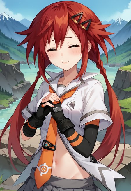 score_9, score_8, score_7_up, hd, (ultra hd quality details), outdoors, mountain, rocky,
solo, 1girl, medium breasts, tenuzu, red hair, twintails, twin braids, hairclip,
uzudef, white shirt, orange necktie, striped, asymmetrical gloves, fingerless gloves, gloves, pleated skirt, suspender skirt, grey skirt, navel,
looking at viewer, blush, smile, closed eyes, embarrassed, star \(symbol\), 
standing, own hands together, = =, upper body,
<lora:_tennouboshi_uzume-elesico-ponyr2-16dim:0.9>