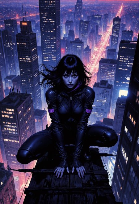 (nistyle:1.2) cinematic shot of a heroine squatting on a plank bridge, high above the city, by night. she wears a tight black combat suit with violet accents. her compact posture conveys agility and deftness, her expression is calm and ready. 
her black short hair, with violet strands, is billowing upwards. 
her silhouette illuminated by a ethereal blue glow, creating a stark contrast with the background. cold blue light highlighting her hyper detailed fabrics and skin.
the narrow plank bridge is placed high in the sky, probably between skyscrapers, below a sprawling megacity, illuminated by vivid colorful neon lights.
