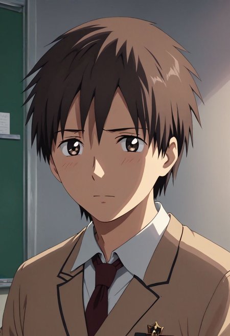high resolution, solo, best quality, 1Boy, Takaki Toono, Brownish Hair, Brown Eyes, school life, school uniform, OverallDetail