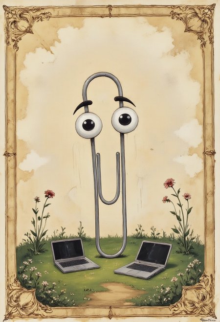 Illuminated manuscript illustration of clippy with big eyes on a green meadowy field next to a laptop. The parchment background is aged and textured, while ornate golden borders frame the solemn yet mystical scene.