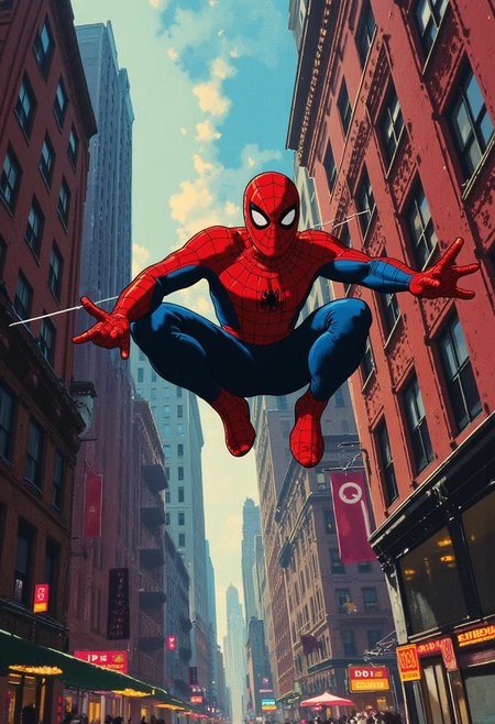 Vector art, uhd, 8k, 4k, epic, dramatic, marvel, spiderman, 4k quality, (Perfect hand:1.4), (masterpiece), (superhero), detailed, ghiblistyle, Perfect hand
Rendered in a style redolent of Impressionism, the painting utilizes a vibrant.
(Spiderman) swinging from building to building over the busy streetw of new york city. Facing the viewer, web line going from his hand to a building