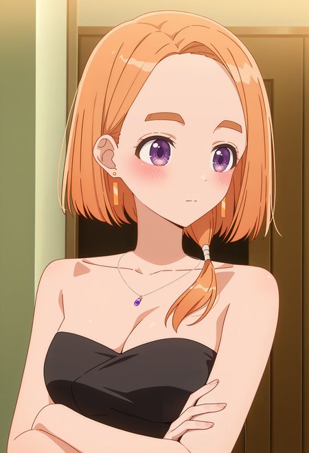 <lora:BANRI SHIUNJI:1>,
BANRI SHIUNJI,purple eyes,thick eyebrows,hair over shoulder,forehead,orange hair,
solo,jewelry,breasts,earrings,cleavage,upper body,collarbone,necklace,crossed arms,closed mouth,medium breasts,indoors,bare shoulders,strapless,blush,black dress